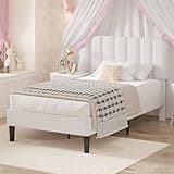VECELO Twin Size Bed Frame with Upholstered Headboard, Velvet Platform Bedframe Mattress Foundation, Strong Wood Slat Support, No Box Spring Needed,White