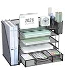 WALI Desk File Organizer, 5 Tier Desktop Paper Letter Tray Organizer with Drawer and 2 Pen Holders, Office Desk Accessories & Workspace Organizers for Office, Home Supplies(DO006DH-B), 1 Pack, Black