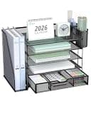 WALI Desk File Organizer, 5 Tier Desktop Paper Letter Tray Organizer with Drawer and 2 Pen Holders, Office Desk Accessories & Workspace Organizers for Office, Home Supplies(DO006DH-B), 1 Pack, Black