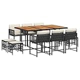 Kaorsrow 11 Piece Garden Dining Set Black PE Rattan Outdoor Furniture with Acacia Wood Table Top 6 Chairs and 4 Stools with Cream White Cushions for Patio Backyard and Deck