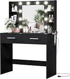 YESHOMY Vanity Desk with Mirror, Makeup Table with 2 Large Drawers, Power Outlet and Round Holder, 3 Color Modes Adjustable Bulb, Easy Assembly, Black