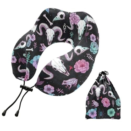 Gothic Skull Flower Black Print Travel Neck Pillow for Sleeping Airplane Memory Foam Neck Support Pillow with Storage Bag Sleeper Hold Pillow for Office Home Car Train Bus Long Flight Adults Kids
