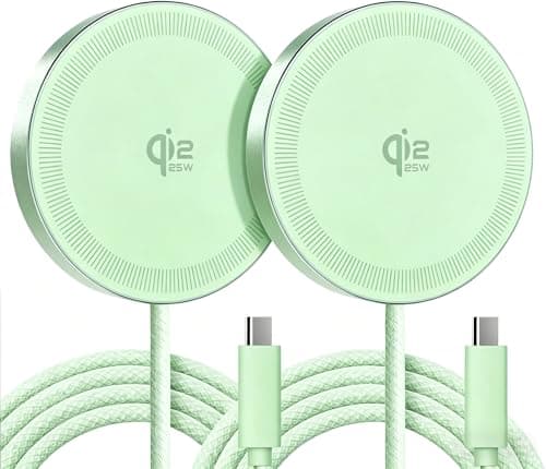 25W Qi2.2 Magnetic Wireless Charger: Qi Flat Charging Pad for iPhone 17 16 15 14 13 12 Pro Max, Google Pixel, AirPods-Slim Portable for Travel, Bedside (Light Green, 2-Pack)