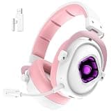 Globalsades Pink Wireless Gaming Headset, 2.4GHz Bluetooth Wired Headphones with Dual Mic, 27ms Low Latency, 8 RGB Lights, Noise Canceling Mic, Surround Sound Over Ear for PS5 PC PS4 Switch Laptop