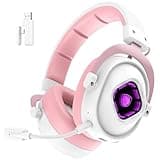 Globalsades Pink Wireless Gaming Headset, 2.4GHz Bluetooth Wired Headphones with Dual Mic, 27ms Low Latency, 8 RGB Lights, Noise Canceling Mic, Surround Sound Over Ear for PS5 PC PS4 Switch Laptop