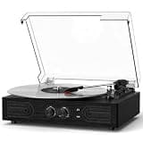 Vintage Vinyl Record Player with Built-in Speakers, 3-Speed Wireless Belt-Driven Turntable with Clear Dust Cover, Upgraded Tone Control, Headphone Jack & AUX Input, Black Wood Finish