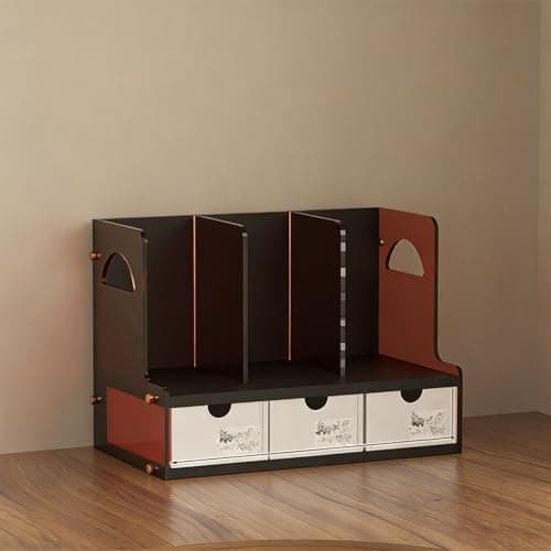 YYBHKHBY Tabletop Book Storage Rack Display Shelf with Handle,File Rack with 3 Storage Cubbies,Small Display Shelf for Countertop,Bookcase with 3-Tier Bookshelf for Office Study,Black,14.3x10.4x8.2In