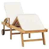 TUERYAFEK Solid Teak Wood Sunlounger with Cream Cushion, Adjustable Footrests and Built-in Wheels for Easy Portability