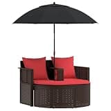 KMUNGDWG Modern Garden Sofa with Stool and Adjustable Parasol, Brown and Red Poly Rattan Outdoor Sofa Set with Removable Back Cushions, 66.14 x 66.14 x 70.87 in