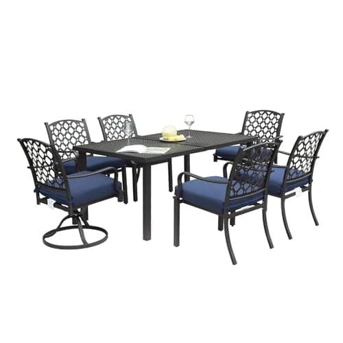 GOLGAILY 7 Piece Patio Dining Set, Metal Dining Table with Swivel Chairs, Navy Blue Cushions for Garden Lawn Yard, 62.36" W x 37.52" D x 27.95" H