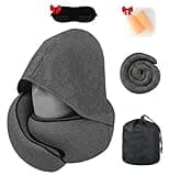 MWODC Travel Neck Pillow with Hood, Memory Foam, 360° Ergonomic Support, Cooling Ice Silk, Hooded Design, with Eye Mask, Earplugs, and Storage Pouch Airplane Travel Essentials, Dark Gray