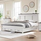 ACCOHOHO Farmhouse King Size Bed Frame with 52" Tall Headboard & Footboard, King Platform Bedframe with Storage Drawers, Wood Panel Bed Base, No Squeak, No Box Spring Needed, Off White