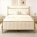 E-Ser Queen Size Bed Frame with Headboard, Upholstered Metal Platform Bed Frame Queen Supported by Strong Metal Slats, No Box Spring Needed, Easy Assembly, Noise-Free, Gold/Beige