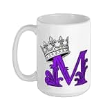 Purple Color Letter M Initial + Crown Purple Graphic Ceramic Mug, White, 15oz