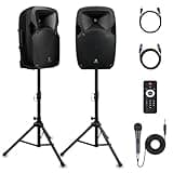 PRORECK Party 12 12-Inch 1800W 2-Way Powered PA Speaker System Combo Set with Bluetooth/USB Drive/SD Card/FM/Remote Control/Speaker Stands for Indoor, Outdoor DJ Parties, Personal Gatherings, Karaoke