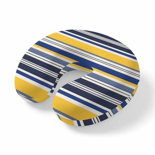 Navy Blue Yellow Striped Travel Neck Pillow Memory Foam,Hand Neck Support Airplane Pillow for Traveling Bed Car Office Home,Farmhouse Vintage Stripe Flight Pillows with Removable & Washable Cover