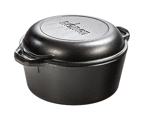 Lodge Cast Iron Double Dutch Oven 5 Quart - Pre-Seasoned 2-in-1 Cast Iron Cookware - Pot & Skillet Combo - Even Heat Retention - Oven-Safe, Versatile Pot