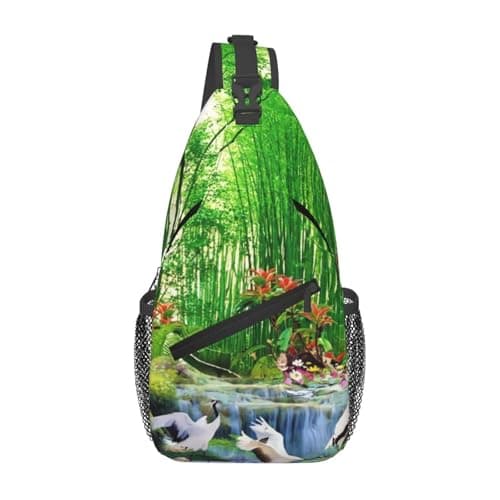 Green Bamboo Summer Outdoor Forest Jungle Waterfall Rock Nature Scenery Art Landscape Men'S Crossbody Chest Bag, With Padded Strap, Large Capacity For Ipad Tablet Travel Work