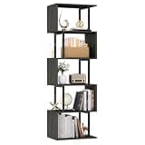 Furologee 6 Tier Bookshelf Tall Geometric Bookcase, S Shaped Industrial Display Standing Shelf, Metal and Wood Decorative Storage Room Divider Rack for Bedroom, Living Room, Office, Light Black Oak