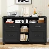 Farmhouse Filing Cabinet with Adjustable Shelf & Wheels, Lateral File Cabinets, Office Storage Cabinet with 4 Drawers and Open Storage Space, for Hanging Files A4/Letter for Home Office, Pure Black