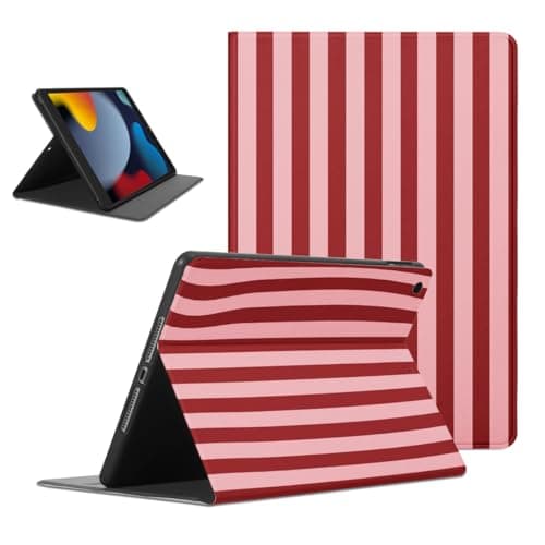 Mrtponk Classic Striped Tablet Case for iPad 9th/8th/7th Gen 2021/2020/2019 10.2", Red Pink Stripe Vertical Stripes Geometric Line Cover Slim Lightweight Trifold Stand with Soft TPU Cover Girl Women