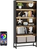 Tanimoreg 5 Tier Tall Open Bookcase with APP RGB Music Sync LED Lights, Heavy Duty Powder Coated Metal Frame Storage Bookshelf, 529 LBS Large Capacity Display Rack for Bedroom, Office and Gaming Room