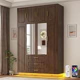 Hlivelood Large Armoire Wardrobe Closet Cabinet with Drawers and LED Lights, Multi-Tier Shelves, Hanging Rod, Large Capacity Storage 4 Door Wardrobe Armoire with Top Cabinet for Bedroom, Brown