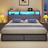 Lifezone Queen Size Lift Up Storage Bed Frame with 2-Tier Storage Headboard, Metal Platform Bed Frame with Charging Station & LED Light, Hydraulic Support, No Box Spring Needed/Noise Free, Grey