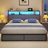 Lifezone Queen Size Lift Up Storage Bed Frame with 2-Tier Storage Headboard, Metal Platform Bed Frame with Charging Station & LED Light, Hydraulic Support, No Box Spring Needed/Noise Free, Grey