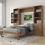 Merax Queen Size Murphy Bed with Storage, Foldable Murphy Bed Frame with Open Storage Shelves & Cabinets, Solid Wood Space-Saving Cabinet Wall Bed for Guest Room Office, No Box Spring Needed