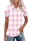 LUYAA Golf Shirts for Woman Short Sleeve 1/4 Zipper Up 2026 Summer Clothes for Women Moisture Wicking Athletic Shirts Pink Argyle M