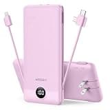VEGER Portable Charger Power Bank with Built-in AC Plug and Cables, All in One 10000mAh Ultra Slim Travel Essentials, Fast Charging Battery Pack Compatible with iPhone, Samsung, Android, Purple