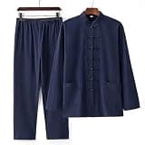 YSVQHHDV Men's Meditation Outfit Spring Autumn Comfortable Breathable Cotton Linen Prayer Clothing Christmas Halloween Birthday Gift (Navy Blue,4X-Large)