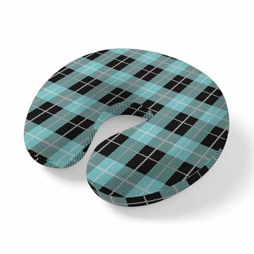 ZRNLTDGHK Neck Pillow Tartan Plaid Buffalo Grid Pattern Travel Pillow Memory Foam U Shaped Pillows, Teal and Black Travel Neck Pillows for Airplane Car Office Home Sleeping Rest