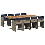 Kaorsrow 9 Piece Garden Dining Set, Grey Poly Rattan Patio Furniture with Acacia Wood Tabletop, Space Saving Outdoor Dining Set with 8 Wicker Chairs and Navy Cushions