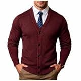 Men's V-Neck Button Down Cardigan Sweater Vintage Casual Long Sleeve Woolen Soft Sweater Coat with Pockets Wine
