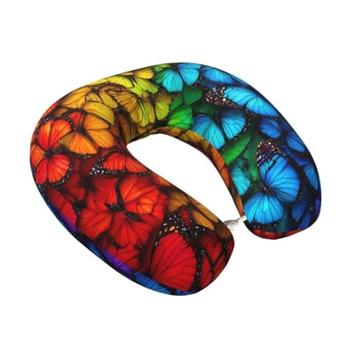 Fuzquwu Multicolored Butterflies Pattern Neck Pillow for Traveling Airplane,Pure Memory Foam U-Shaped Neck Pillows for Flight Headrest Sleep