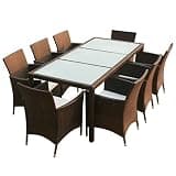 GHVBNMF 9 Piece Outdoor Dining Set - 8 Person Brown PE Rattan Patio Furniture Set with 74.8 Inch Large Rectangular Glass Top Table and 8 Armchairs with Cushions for Garden and Terrace