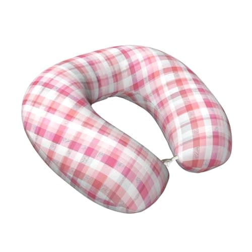 Fuzquwu Pastel Pink Gingham (4) Pattern Neck Pillow for Traveling Airplane,Pure Memory Foam U-Shaped Neck Pillows for Flight Headrest Sleep