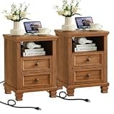 SAVOR LIFE Farmhouse Night Stand Set of 2 with Charging Station, Antique Bedside Table with Open Shelf & Thick Tabletop & Square Wooden Legs, Brown