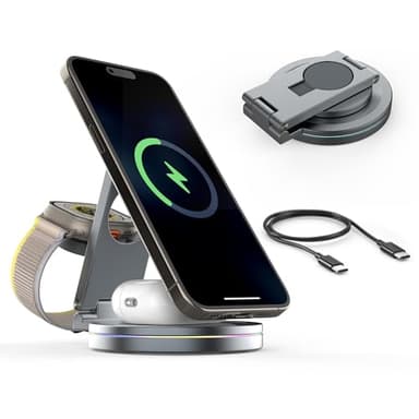Foldable 3 in 1 Wireless Charging Station for Apple Compatible with Magsafe Charger Stand,Magnetic Wireless Charger Station for iPhone 17 Air16 15 14 13 12 Series,Airpods Pro,Apple Watch (Grey)