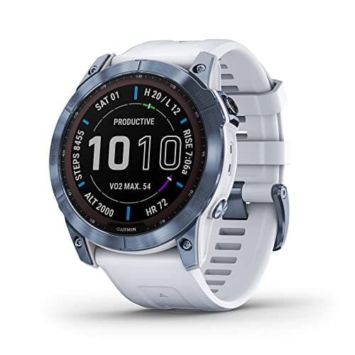 Garmin Fenix 7X Sapphire Solar, Adventure Smartwatch, w/Solar Charging Capabilities, Rugged Outdoor GPS Watch, Touchscreen, Wellness Features, Mineral Blue Titanium w/Whitestone Band (Renewed)