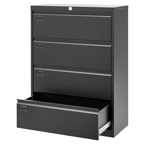 Takywep 4-Drawer Lateral File Cabinet with Lock, Heavy Duty Steel Wide Filing Cabinet for Legal/Letter/a4, Secure Office Storage Organizer, Large Capacity, Easy Assembly, Black