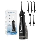 Cordless Portable Water Flosser with 300ML Tank: Rechargeable Oral Irrigator with 5 Tips for Travel, Braces Care and Sensitive Gums, IPX7 Waterproof Teeth Cleaning Device(Black)
