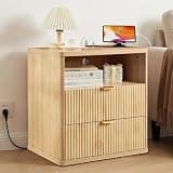Garvee Natural Oak Nightstand with Built-in Charging Station, 2 AC Outlets USB a+c, Boho Bedside Table with Fluted Panel & Marble-Like Top, Storage Drawers & Cubby for Bedroom, 22.8" w