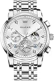 OLEVS Silver Watch for Men Luxury Classic Fashion Big Face Mens Dress Watch Stainless Steel Waterproof Date Mens Watch Quartz Analog Moon Phase Diamonds Wrist Watches Relojes para Hombres