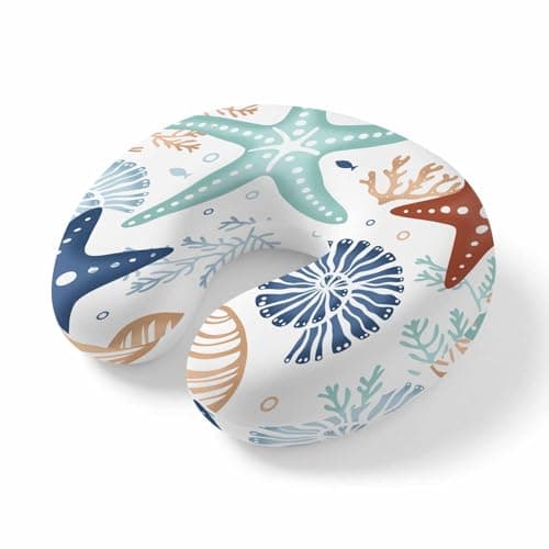 Marine Starfish Shell Coral on White Travel Pillow,U Shaped Ergonomic Neck Pillows Abstract Ocean Life on White Memory Foam Portable Neck&Head Support Cushion for Airplane Car Home Office Sleeping
