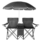 Double Folding Camping Chair with Removable Umbrella, Black