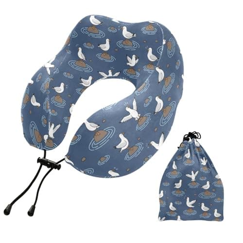 SPRIPORT Seagulls Rocks Blue Print Travel Neck Pillow for Sleeping Airplane Memory Foam Neck Support Pillow with Storage Bag Sleeper Hold Pillow for Adults Kids Long Flight Car Train Bus Home Office