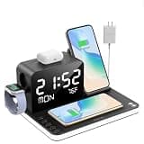 Domars 7-in-1 Wireless Charger Station, 30W Fast Multi-Device Charging Station with Bluetooth Auto-Time Clock, Dimmable Night Light, Dual Wired & Wireless Charging Ports for Phone Watch Earbuds
